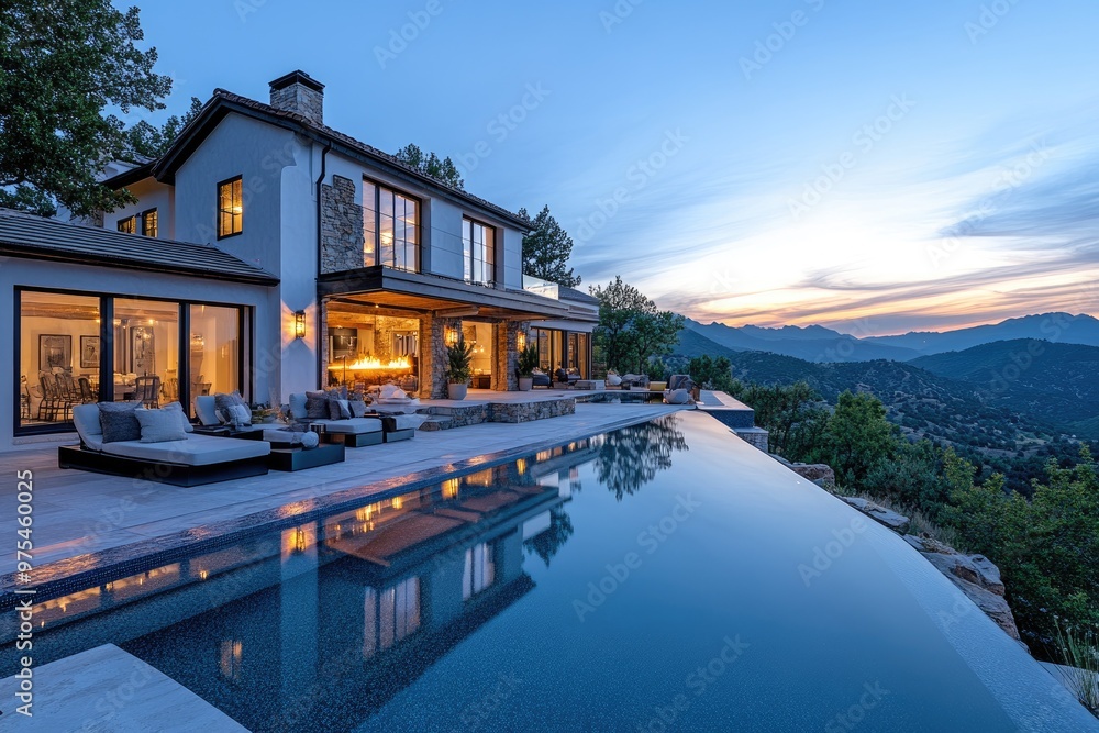 Beautiful luxury home with infinity pool reflecting milky way galaxy Beautiful luxury home with infinity pool reflecting milky way galaxy