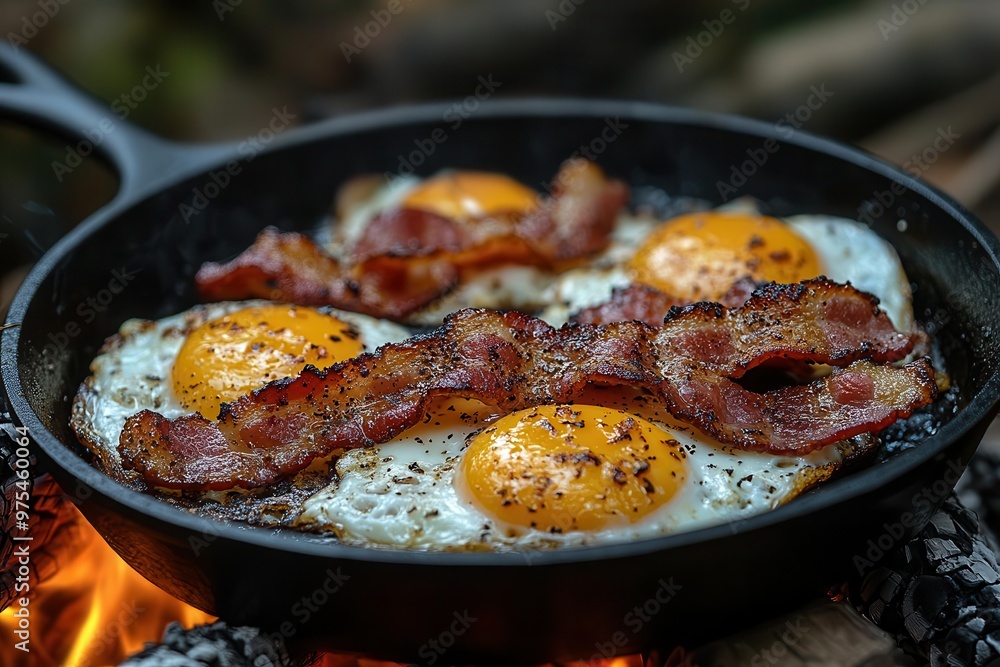 rustic campfire breakfast sizzling bacon and eggs in cast iron skillet surrounded by misty forest adventure ambiance