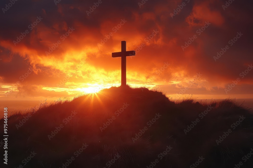 silhouette of a lone cross atop a hill against a dramatic sunset sky warm golden light bathes the scene symbolizing hope and spirituality during holy week silhouette of a lone cross atop a hill against a dramatic sunset sky warm golden light bathes the scene symbolizing hope and spirituality during holy week