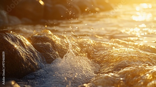 A stream of free-flowing water cascading over rocks, the water shimmering and swirling, capturing the essence of unrestricted movement and fluidity, the scene bathed in soft, golden light