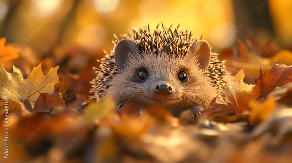 Curious Hedgehog Surprised Behind Pile of Leaves - Funny and Cute Animal Photorealistic Image Curious Hedgehog Surprised Behind Pile of Leaves - Funny and Cute Animal Photorealistic Image