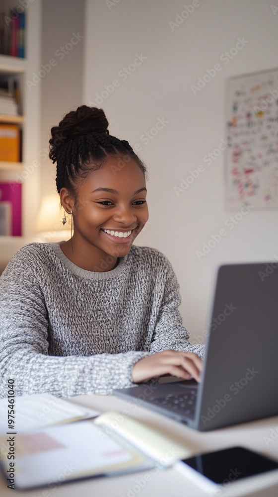 Afro-American Female Student Smiling and Engaged in E-Learning, Online Education, Remote Learning, and Digital Education at Home, Studying for University and Bootcamp Courses. Afro-American Female Student Smiling and Engaged in E-Learning, Online Education, Remote Learning, and Digital Education at Home, Studying for University and Bootcamp Courses.