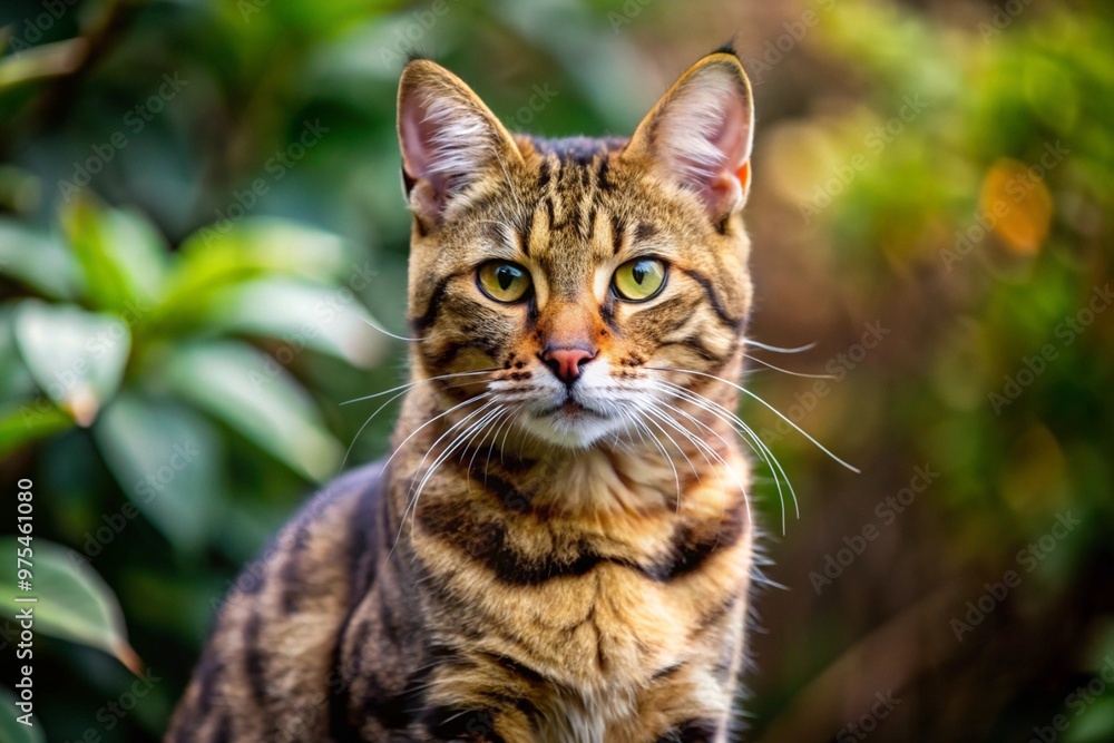 A lovely calico cat with white, black, and orange fur sits outdoors among lush green plants, gazing forward.
A lovely calico cat with white, black, and orange fur sits outdoors among lush green plants, gazing forward.