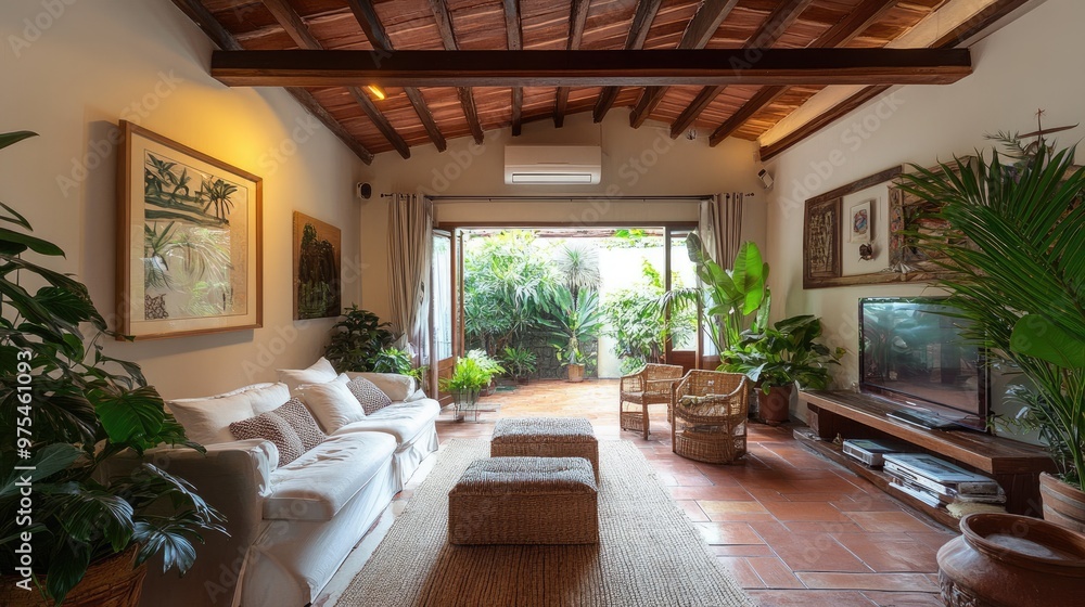 High-ceiling living room with an air conditioner, large plants, and wooden beams across the ceiling. High-ceiling living room with an air conditioner, large plants, and wooden beams across the ceiling.
