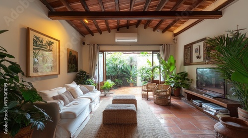 High-ceiling living room with an air conditioner, large plants, and wooden beams across the ceiling.