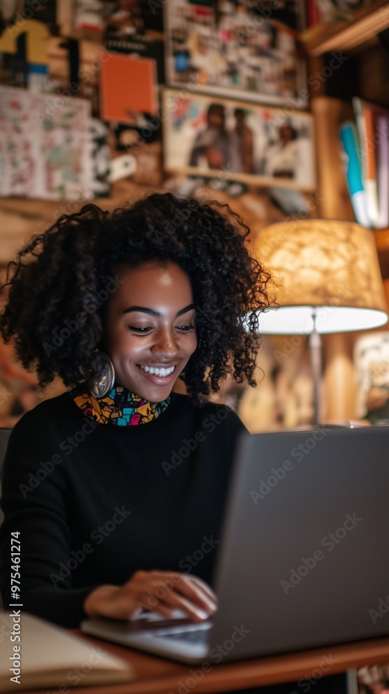 Afro-American Female Student Smiling and Engaged in E-Learning, Online Education, Remote Learning, and Digital Education at Home, Studying for University and Bootcamp Courses. Afro-American Female Student Smiling and Engaged in E-Learning, Online Education, Remote Learning, and Digital Education at Home, Studying for University and Bootcamp Courses.