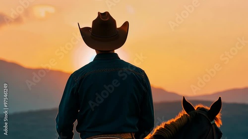 Stunning image of a cowboy riding a horse in a beautiful sunset setting with copy space.