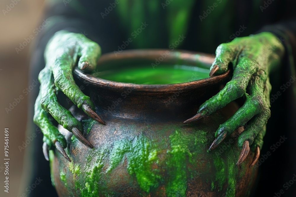 Fototapeta premium Witch's hands over a brewing cauldron. Witchcraft, spellcasting. Close-up on hands. Halloween. Spooky. Mystical.