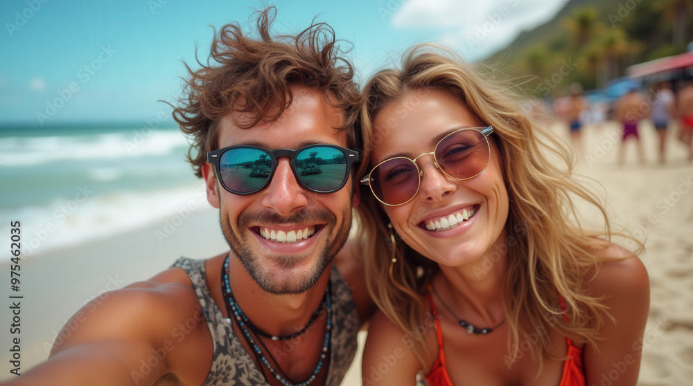 Happy Couple on a Sunny Beach - Perfect Smiles at a Vibrant Music Festival Happy Couple on a Sunny Beach - Perfect Smiles at a Vibrant Music Festival