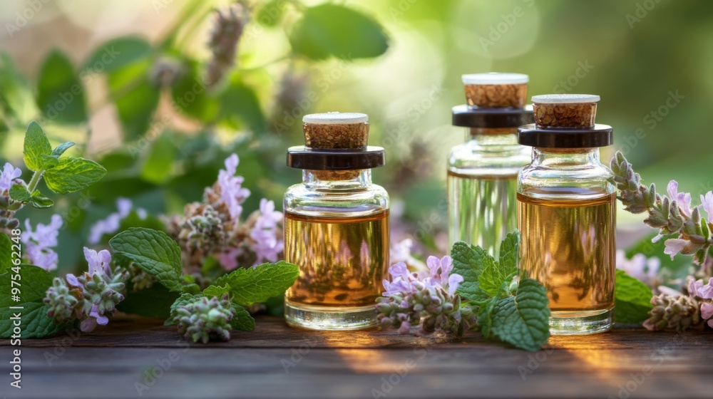 A few bottles of aromatic essential oil with peppermint leaves and flowers displayed in an attractive copy space image A few bottles of aromatic essential oil with peppermint leaves and flowers displayed in an attractive copy space image