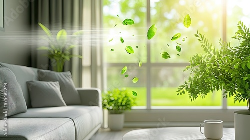 Living room with an air conditioner emitting cool, clean air that clears harmful green bacteria, representing fresh air quality.