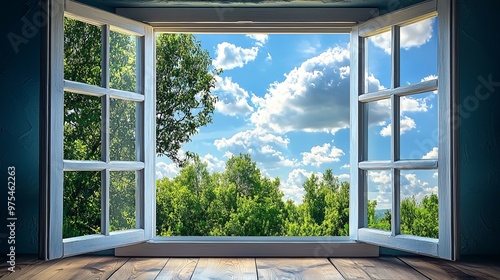 A serene view from an open window showcasing lush greenery and a vibrant sky with fluffy clouds, inviting peace and tranquility.