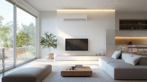 Living room with an air conditioner splitter offering balanced airflow, sleek furniture, and minimalist decor.