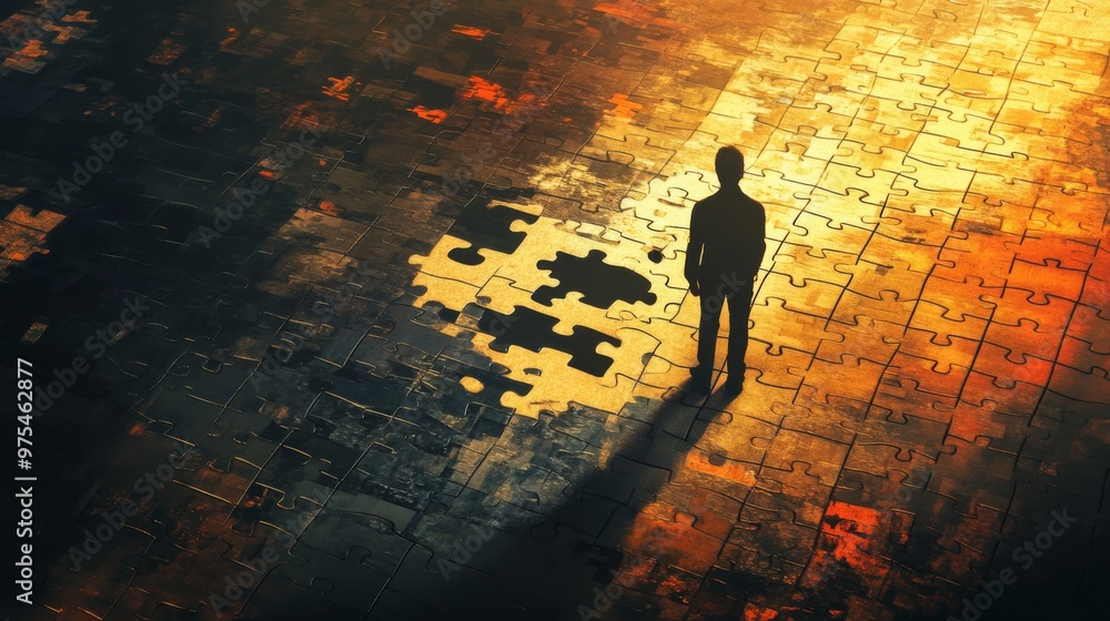 A figure attempting to solve an intricate puzzle with missing pieces, focused light casting shadows on the puzzle, detailed and complex visual style, mood of frustration and incomplete solutions A figure attempting to solve an intricate puzzle with missing pieces, focused light casting shadows on the puzzle, detailed and complex visual style, mood of frustration and incomplete solutions