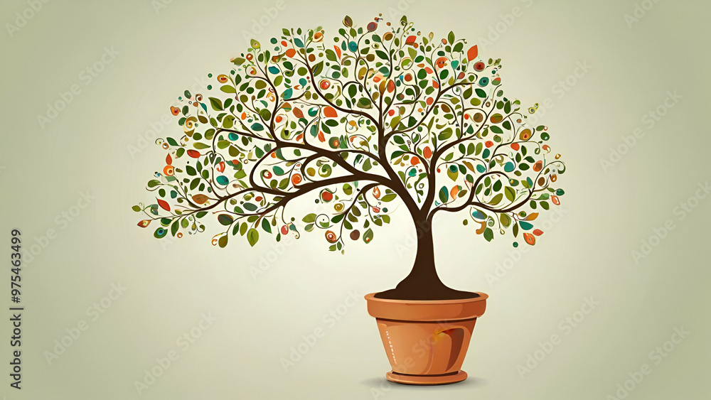 Whimsical Tree in Pot Nature Meets Charm - Vector Image light yellow background, Whimsical Tree in Pot Nature Meets Charm - Vector Image light yellow background,