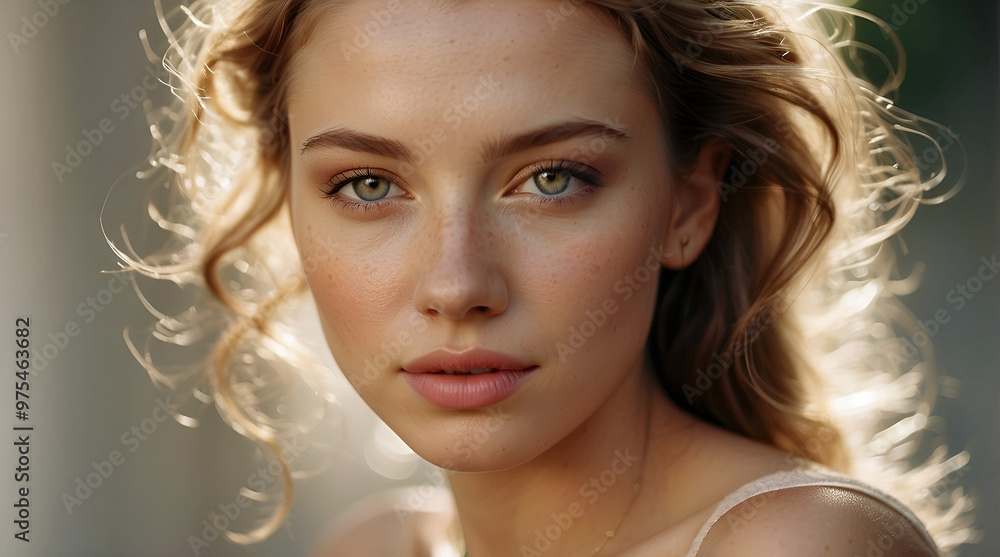 Backlit Wavy Hair Glowing in Golden Hour Light Highlighting Freckled Skin and Soft Facial Features Backlit Wavy Hair Glowing in Golden Hour Light Highlighting Freckled Skin and Soft Facial Features