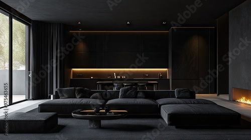 Minimalist black living room with black furniture, black accents, and black lighting for a sleek design.