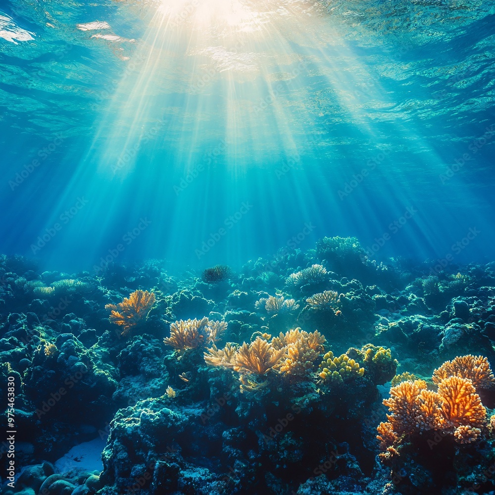 Naklejka premium Sunbeams Illuminating a Colorful Coral Reef