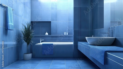 Minimalist blue bathroom with blue tiles, blue towels, and a sleek design for a modern look.