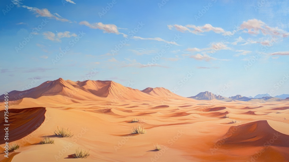 Fototapeta premium Oil painting depicting a desert landscape with dunes showcasing the beauty of arid scenery and natural formations