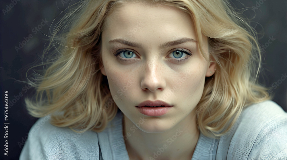 Naklejka premium Intense Blue Eyes and Wind Swept Blonde Hair in Moody Soft Focus Close Up Portrait