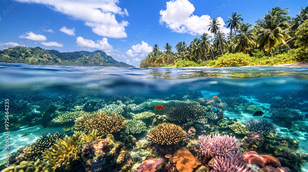 Tropical Island with Coral Reef and Split Ocean View Tropical Island with Coral Reef and Split Ocean View