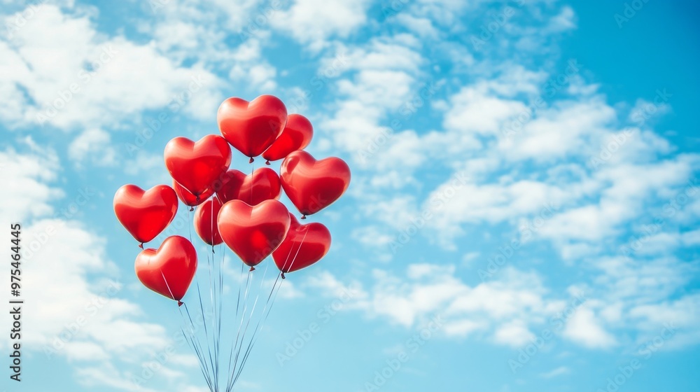 A group of heart-shaped red balloons soaring up into the sky, Heart-shaped balloons floating in the sky A group of heart-shaped red balloons soaring up into the sky, Heart-shaped balloons floating in the sky