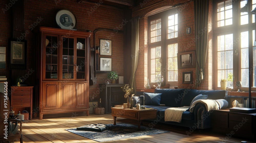 A warm and inviting living room with large windows, a comfortable couch, and a wooden cabinet. A warm and inviting living room with large windows, a comfortable couch, and a wooden cabinet.