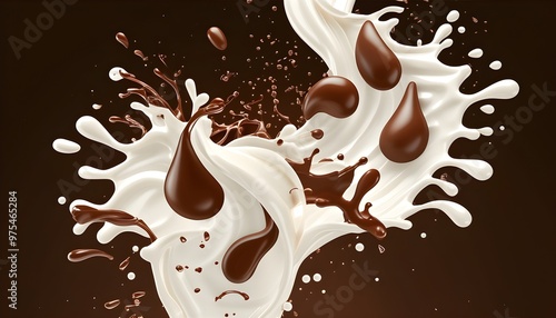 Milk chocolate drop splashing in rich cocoa liquid, creating an abstract wave of sweetness in a dark, three-dimensional background