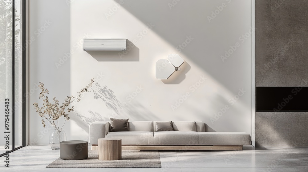 Minimalist living room featuring a mounted air conditioner, geometric shapes in decor, and simple furniture. Minimalist living room featuring a mounted air conditioner, geometric shapes in decor, and simple furniture.