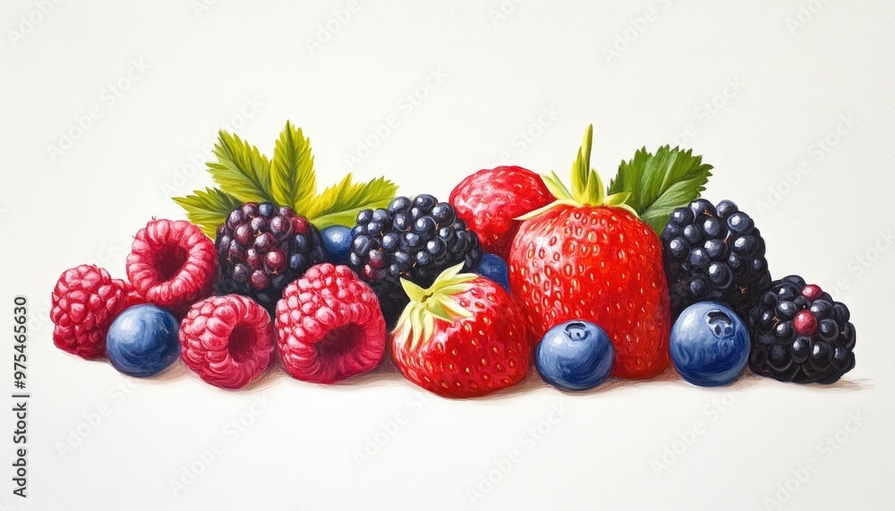 Oil painting showcasing a variety of vibrant fresh berries against a plain white background Oil painting showcasing a variety of vibrant fresh berries against a plain white background