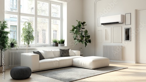 Minimalist living room with an AC splitter unit, discreetly placed to ensure even cooling in all corners. photo