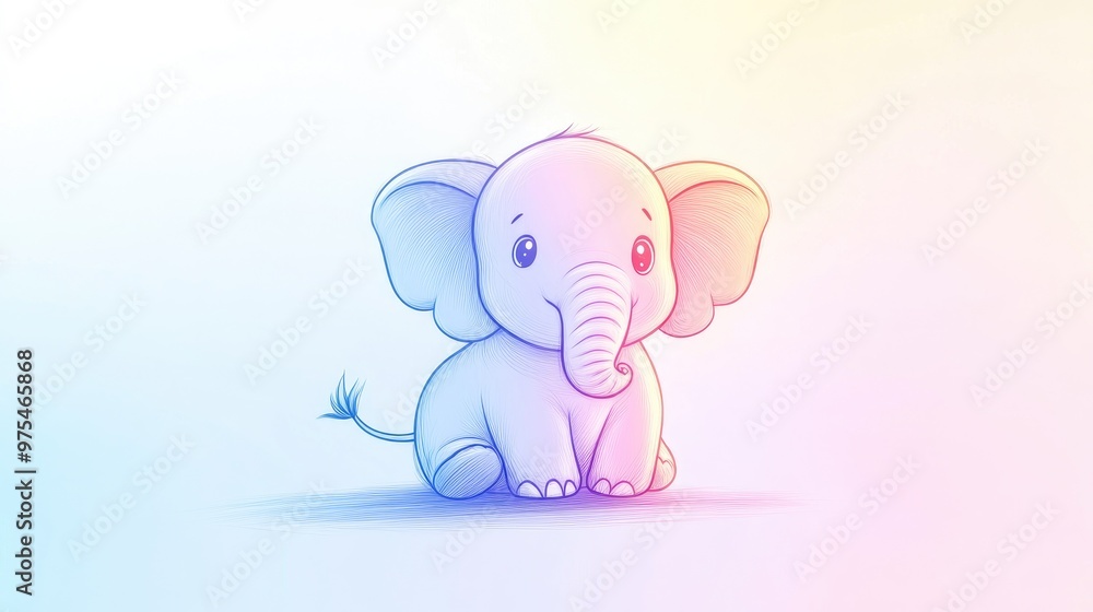 Cold gradient line drawing of an adorable cartoon elephant in a light and playful style Cold gradient line drawing of an adorable cartoon elephant in a light and playful style