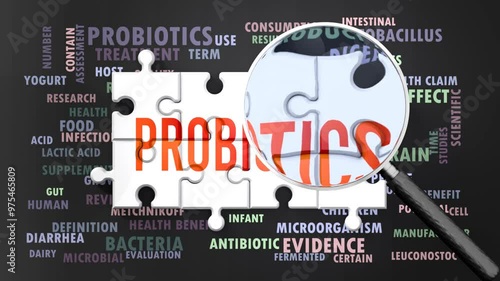 Probiotics under magnifying glass, being researched, studied and examined. Most important subjects and ideas closely related to probiotics written around a puzzle.Can be looped.