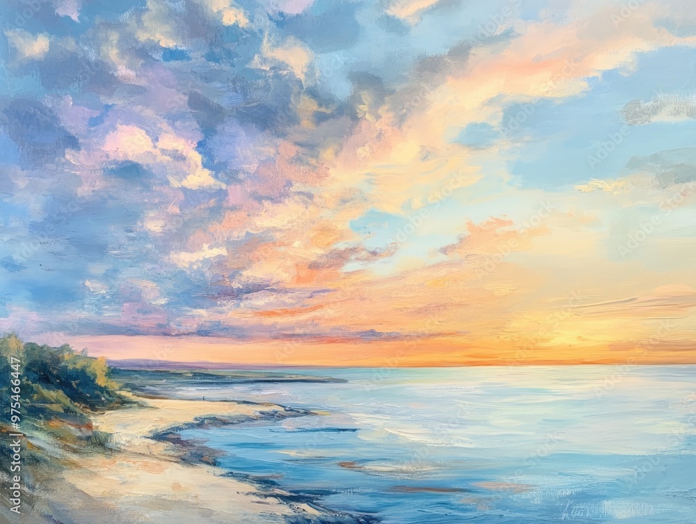 Oil painting capturing a serene coastal landscape with a tranquil sea and vibrant sky showcasing a peaceful waterfront scene Oil painting capturing a serene coastal landscape with a tranquil sea and vibrant sky showcasing a peaceful waterfront scene