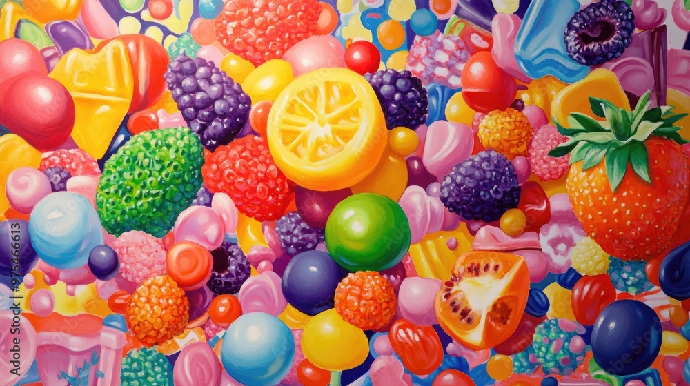 Vibrant oil painting featuring a multitude of fruit shaped candies against a colorful patterned backdrop Vibrant oil painting featuring a multitude of fruit shaped candies against a colorful patterned backdrop