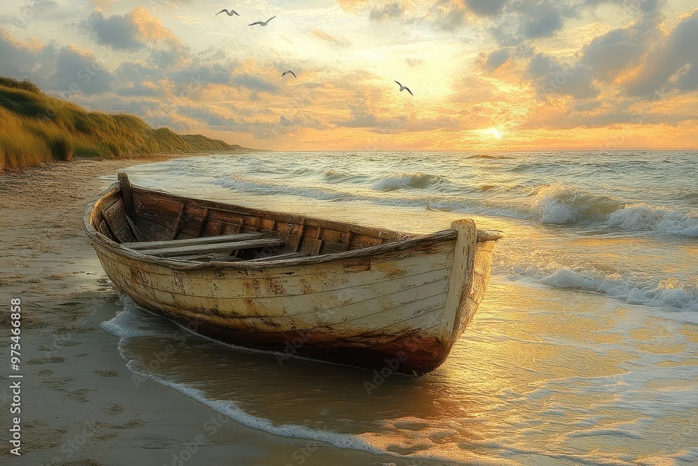 weathered wooden rowboat resting on a serene beach at golden hour with gentle waves lapping at its hull and seagulls soaring overhead weathered wooden rowboat resting on a serene beach at golden hour with gentle waves lapping at its hull and seagulls soaring overhead