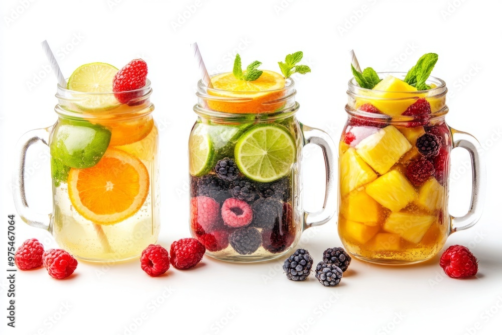 Refreshing fruit drinks in mason jars showcase vibrant colors and refreshing flavors. Perfect for summer gatherings and parties. Enjoy a taste of freshness. Generative AI Refreshing fruit drinks in mason jars showcase vibrant colors and refreshing flavors. Perfect for summer gatherings and parties. Enjoy a taste of freshness. Generative AI