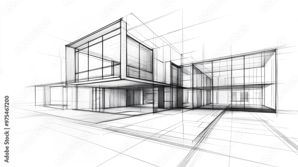 Line art depiction of architectural design featuring a conceptual sketch in three dimensional perspective Line art depiction of architectural design featuring a conceptual sketch in three dimensional perspective