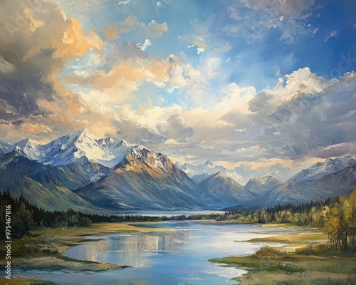 Oil painting depicting a breathtaking view of mountains and a beautifully natural sky showcasing stunning landscapes and scenic beauty