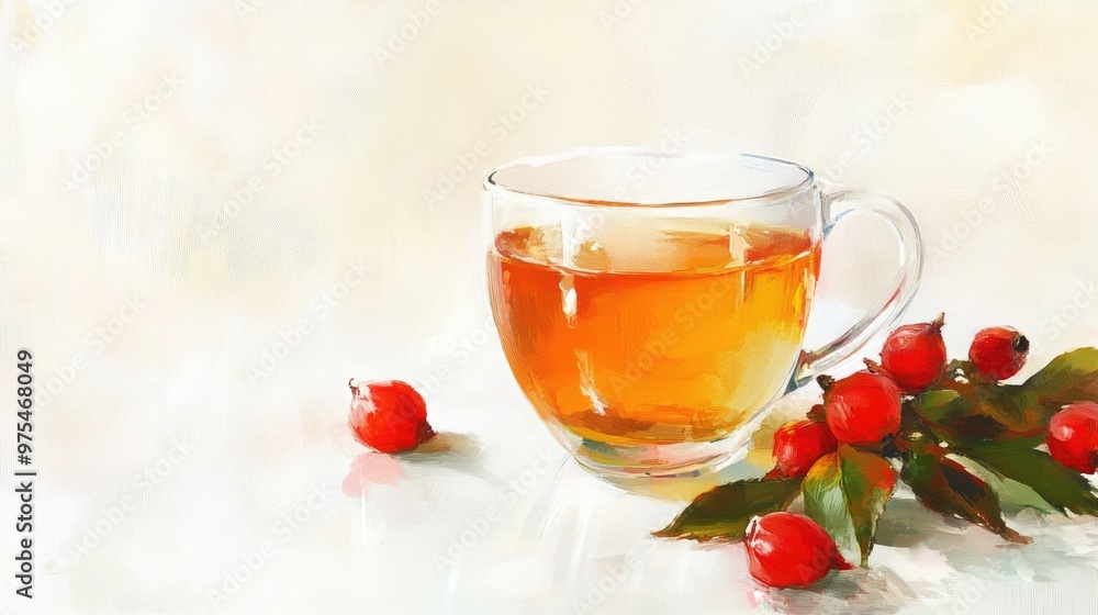 Oil painting of rose hip tea isolated on a white background showcasing the delicate features of the beverage Oil painting of rose hip tea isolated on a white background showcasing the delicate features of the beverage