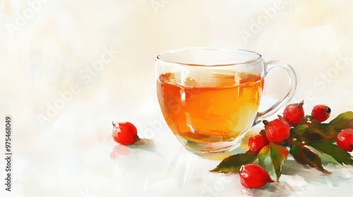 Oil painting of rose hip tea isolated on a white background showcasing the delicate features of the beverage