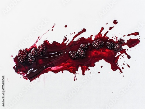 Oil painting depicting a track of raspberry jam with splashes and spilled blackberry sauce on a white background showcasing blots of bramble jam in a flat lay top view photo