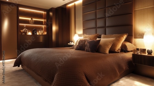 Modern brown bedroom with brown bedding, warm lighting, and sleek accents.