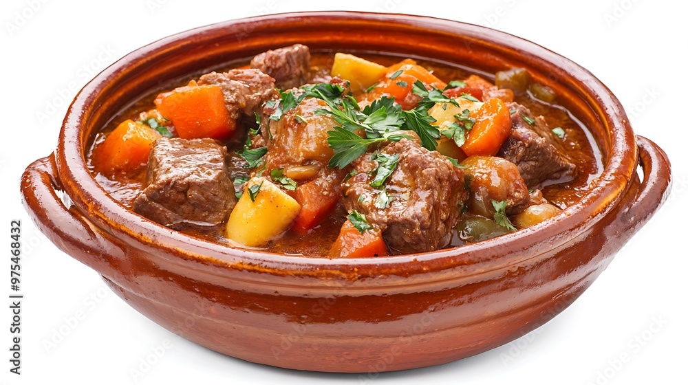 Hearty Beef Stew with Tender Chunks of Meat and Vegetables - Photorealistic Food Photography on White Background