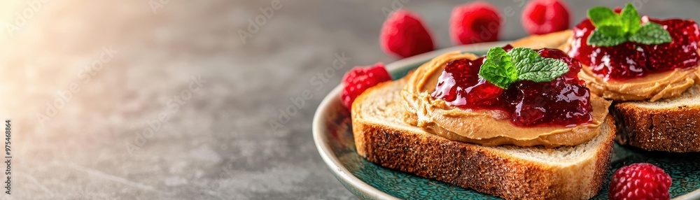 Delicious peanut butter toast topped with raspberry jam, garnished with mint leaves. Perfect for breakfast or a snack. Delicious peanut butter toast topped with raspberry jam, garnished with mint leaves. Perfect for breakfast or a snack.