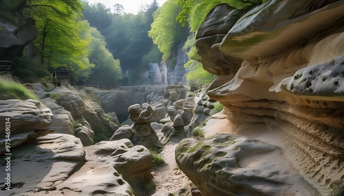 Stunning Sandstone Rock Formations in the Mullerthal Canyon along the Echternach Trail in Luxembourg photo