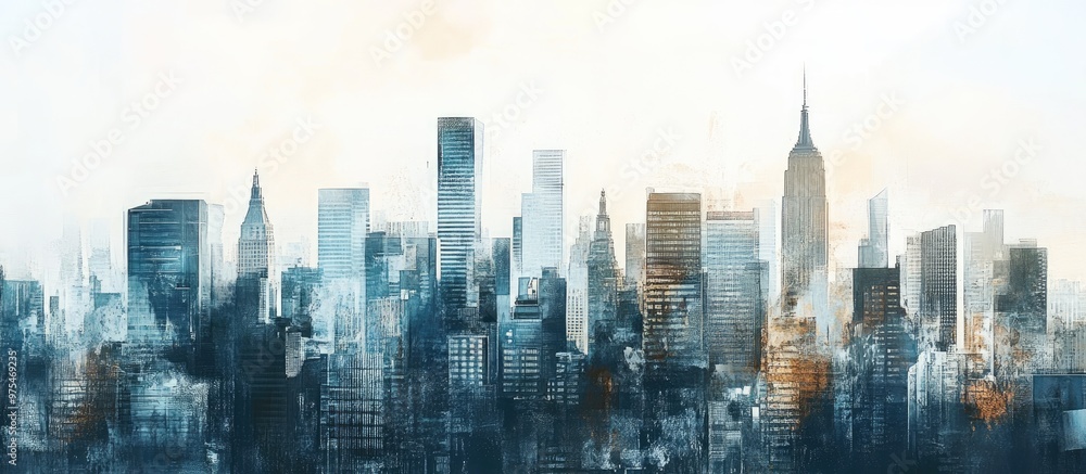 City skyline featuring skyscrapers Mixed media City skyline featuring skyscrapers Mixed media