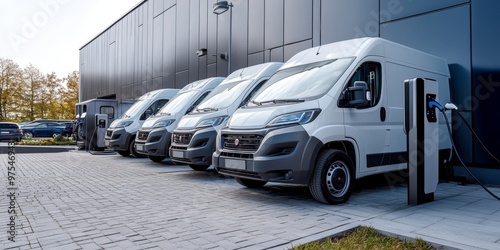 A row of white delivery vans parked neatly in a large parking area. The vans belong to a transporting service company. photo