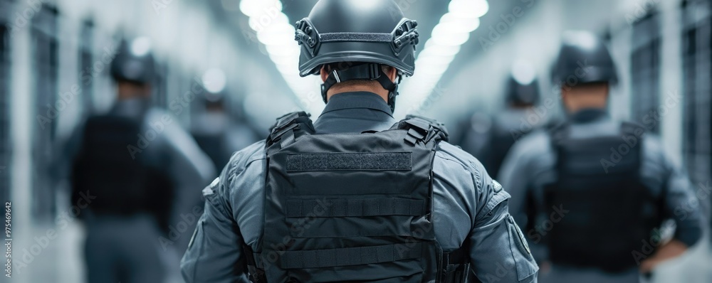 A tactical officer in gear stands ready in a dimly lit corridor, showcasing a sense of duty and preparedness. A tactical officer in gear stands ready in a dimly lit corridor, showcasing a sense of duty and preparedness.